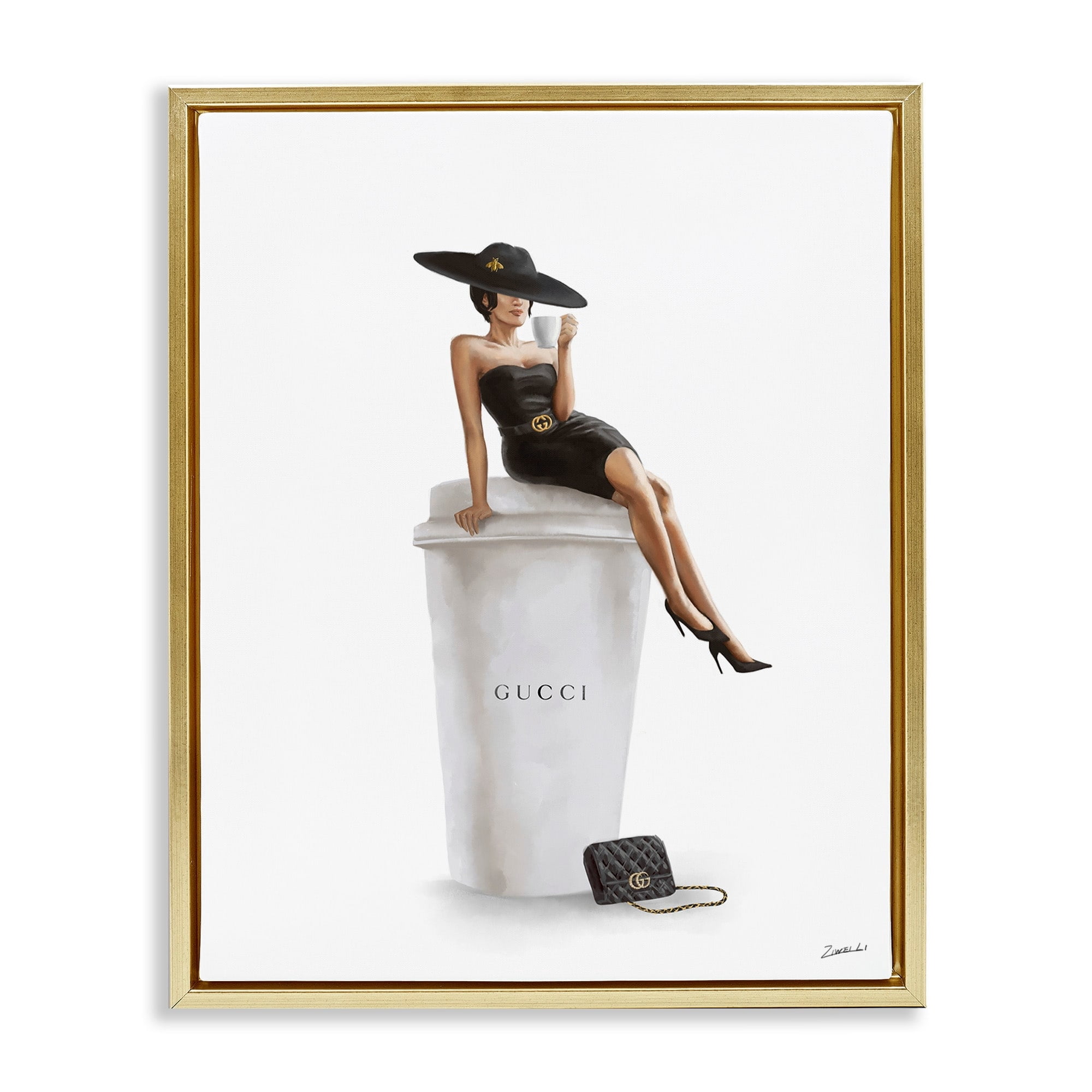 Stupell Industries Stylish Fashion Female Pose Coffee Designer Purse Metallic Gold Framed Floating Canvas Wall Art, 24x30, by Ziwei Li