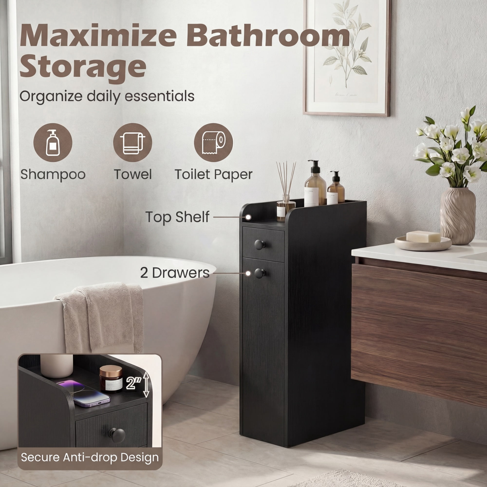 ELLEGNT Bathroom Storage Cabinet on Rolling Wheels – Slim Design, Slide-Out Drawer, Spacious Top, Black