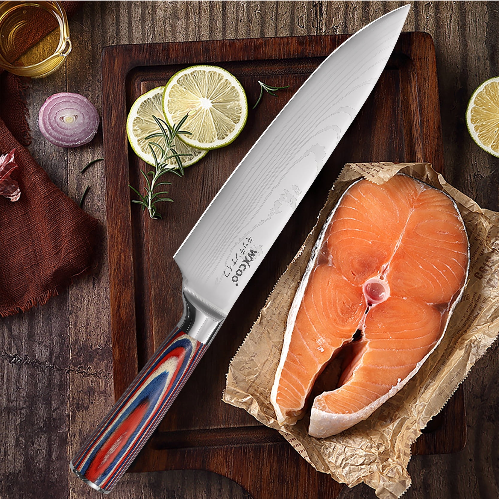 WXCOO Laser Damascus Pattern Kitchen Knife Set 2PCS Santoku Japanese Slicer Chef Knives High Wood Handle for Kitchen with Box