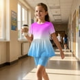 thumbnail image 5 of CCRFTGI Summer Outfits for Children Girls Size 7-8 Cute Preppy Two Piece Outfits Girl Clothes Casual Gradient Short Sleeve Ruffle Hem T Shirts Top and Biker Shorts Purple Pink 3-4 Years, 5 of 6