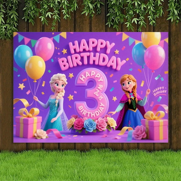 Frozen Elsa and Anna's 3rd birthday party background balloons, gifts and floral decorations - durable polyester indoor/outdoor decorations for Valentine's Day, Easter, Ramadan and holiday events