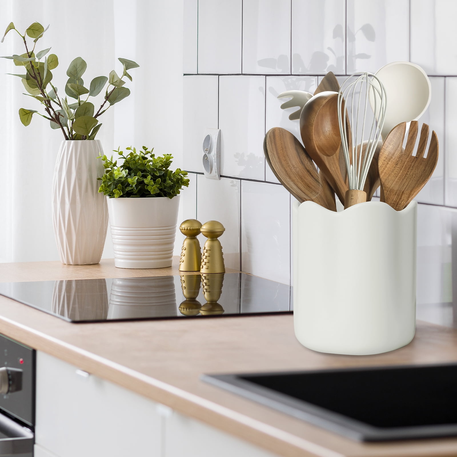 WormHome Ceramic Utensil Holder for Kitchen Counter, Large Kitchen Utensil Holder for Countertop with Cork Bottom, Cooking Tool Organizer for Spatula, White