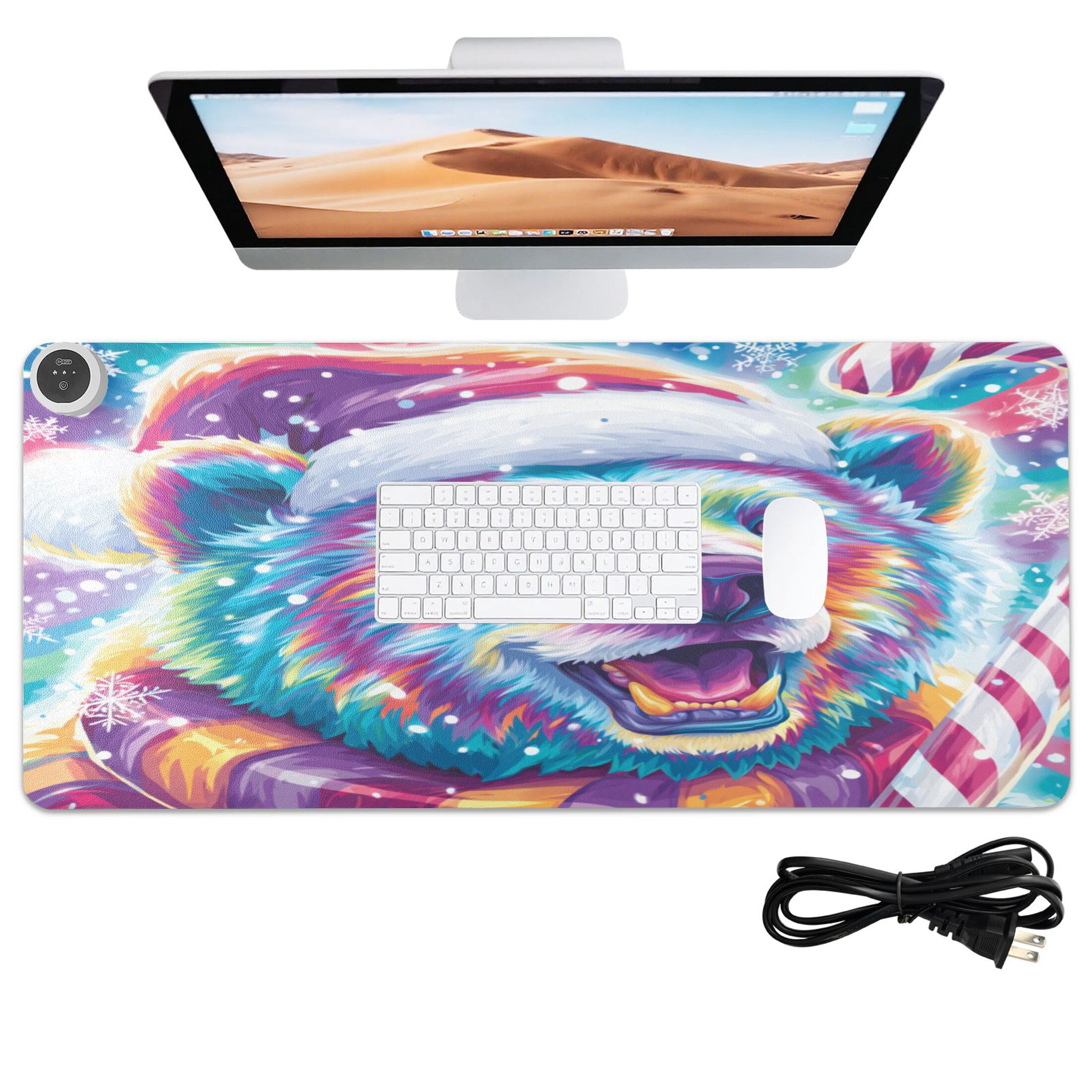 Large Heated Desk Mat Mouse Pad 31.5"x13"PU Leather Graphene Heating Desk Warmer with 3 Temperature Settings 110V US Plug Non-Slip Warm Pad for Home, Office, and Gaming Cute Smiling Polar Bear