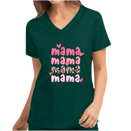 

SOOMLON Mother s Day Gift Distressed Heart Heart Mom Mama T-Shirt Short Sleeve V-Neck Adult Tops with Pocket Mothers Day Scrubs Tops Mama Fall Blouse Great Mother Gifts Green M