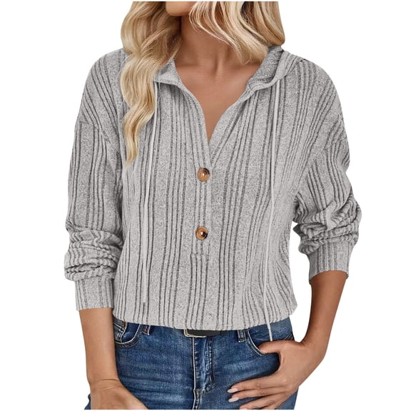 Lenpel Women's Lightweight Sweaters Soft Casual Long Sleeve V Neck Half Button Drawstring Hoodies Ribbed Knit Tunic Tops(Gray,X-Large)