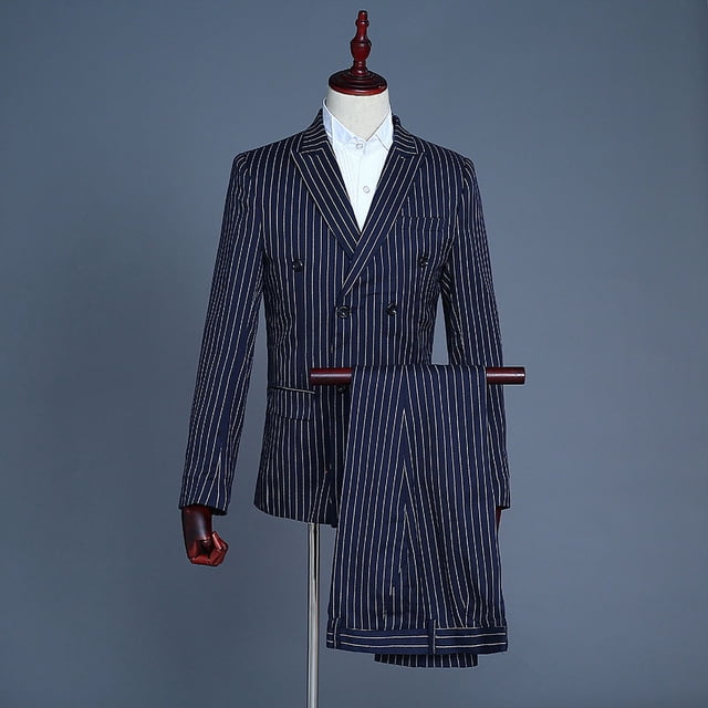 Traje de hombre para escenario, traje de estudio, traje temático, presentador de espectáculos, chaleco de rayas blancas y azul marino, conjunto de tres piezas