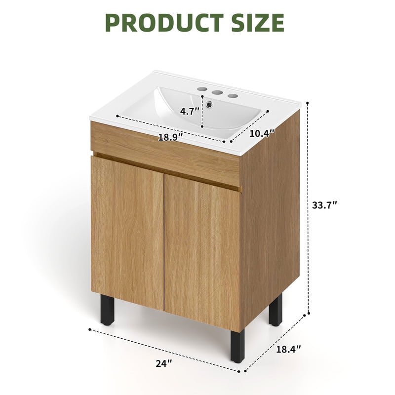 Uforic 24" Bathroom Vanity with Undermount Sink, Modern Free Standing Bathroom Storage Cabinet with Soft Close Door, Brown