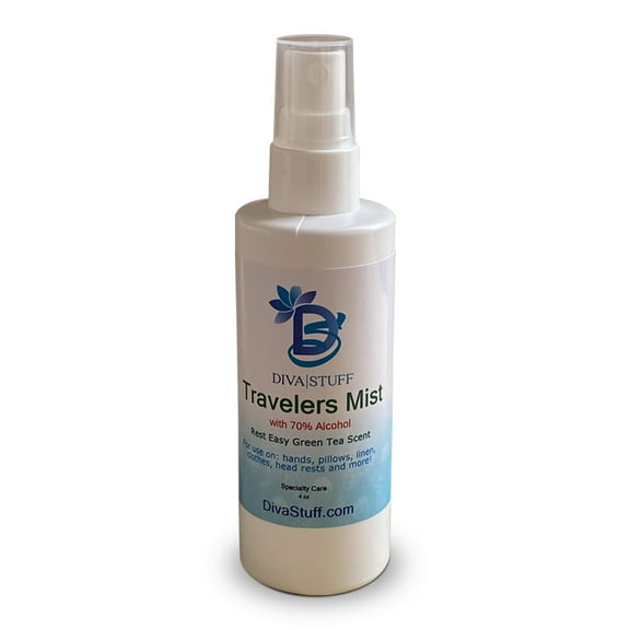 Diva Stuff Travelers Mist with 70% Alcohol - Promotes Clear Skin & Protects from Acne, Cleans Pillows & Sheets - Aromatherapy Spray for Relaxation and Sleep, Made in USA (Soothing Green Tea, 4 oz)