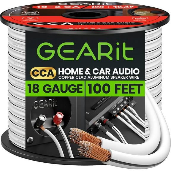 GEARit High Quality Copper Clad Aluminum 18 Gauge Speaker Wire, for Home Theater & Car Audio, White 100 Feet / 30.48 Meters