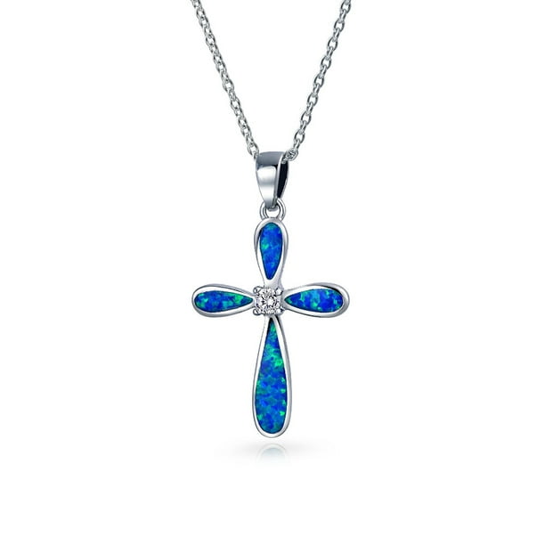 Religious Vintage Style Faith Hope Love CZ Accent Gemstone Created Blue  Opal Cross Pendant Necklace for Women Teen .925 Sterling Silver October