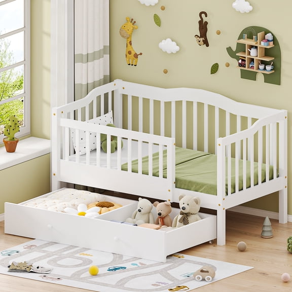 Zimtown Toddler Daybed, Kids Day Bed Frame with Storage Drawer, Children Sleeping Bedroom, White