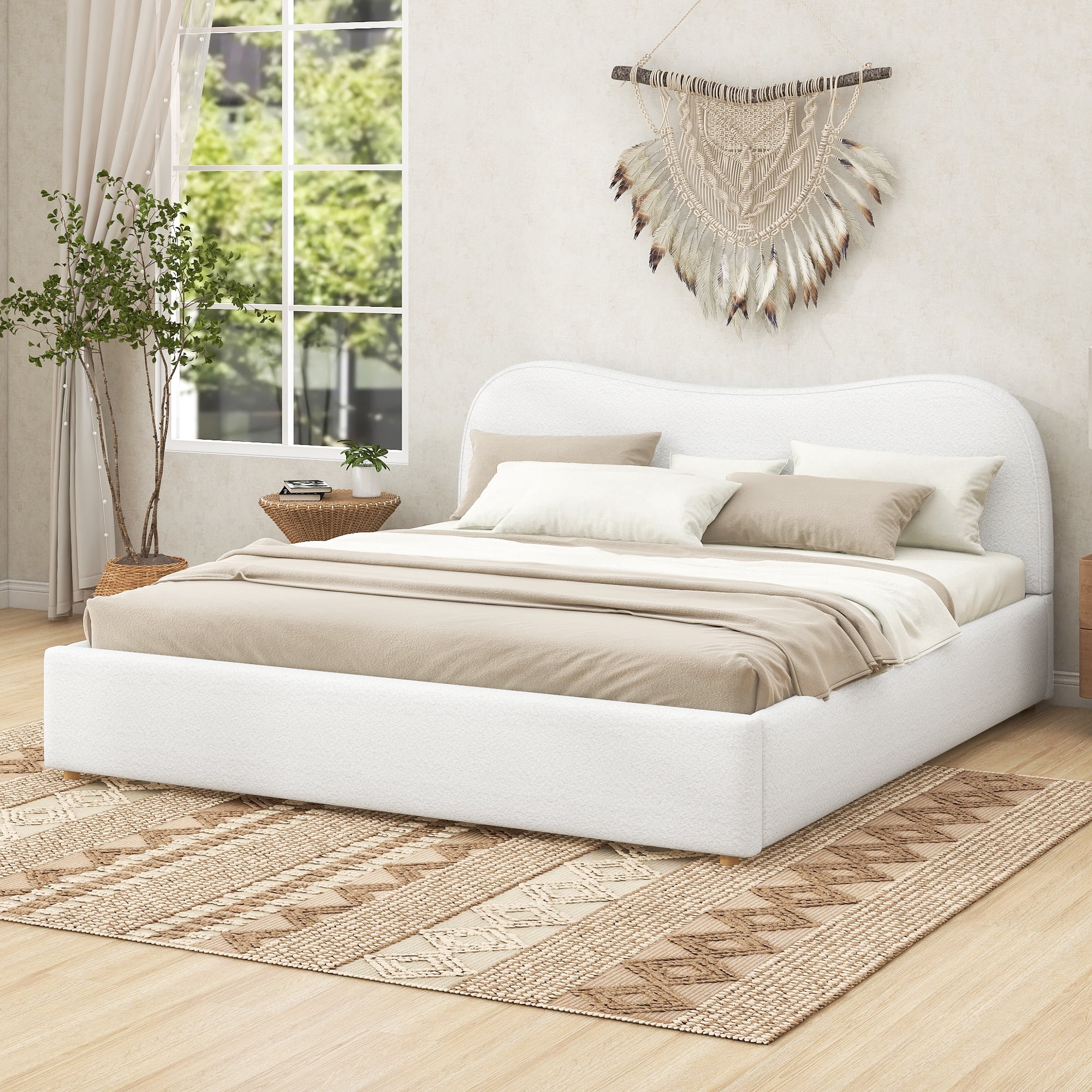 Euroco Upholstery King Size Platform Bed, White