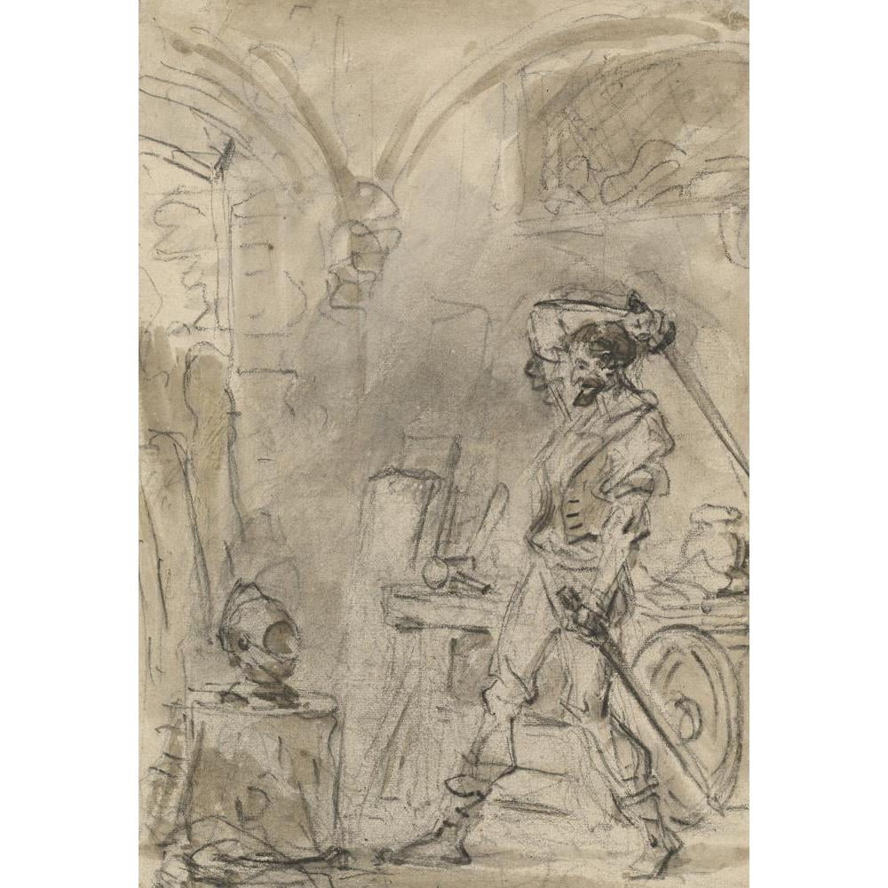 Jean-Honoré Fragonard 11x14 Black Modern Framed Museum Art Print Titled - Don Quixote About to Strike the Helmet (1780s)