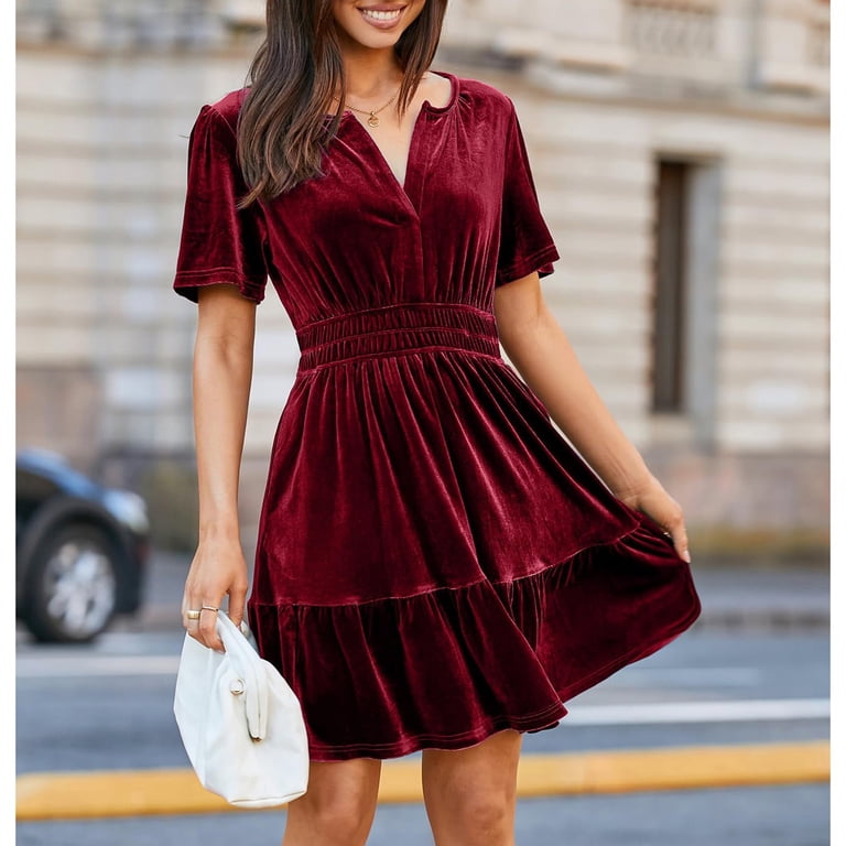 Luowei Christmas Women's Loose Casual Dress, Red Christmas Plus Size Soft Dress, Women's 2024 Fall Dress Velvet Short Sleeve Christmas Casual V Neck Waist Mini Dress Party Dress With Pockets, S