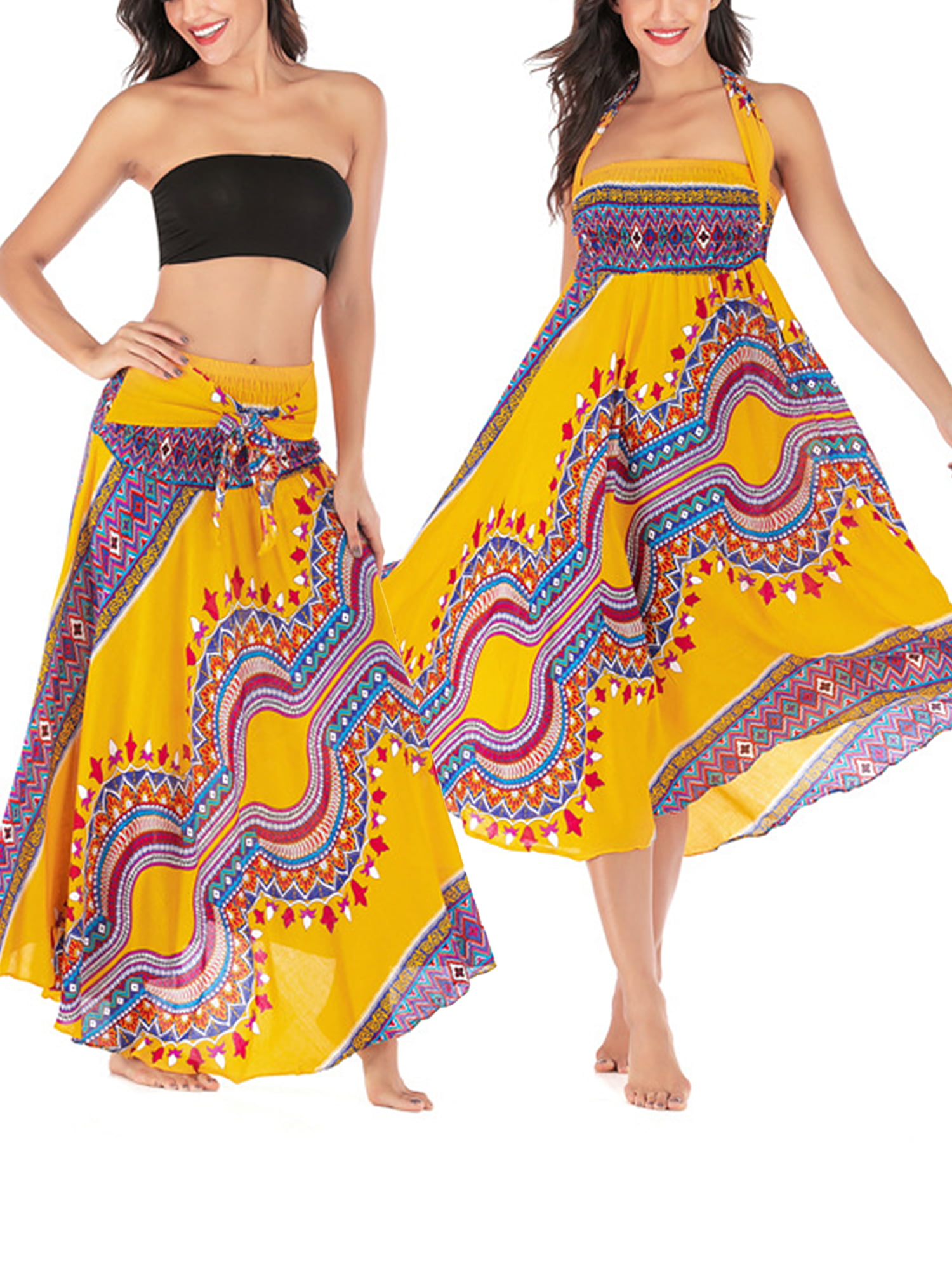Women's Boho Bohemian Tribal Print Skirt Maxi Summer Beach Long Casual ...