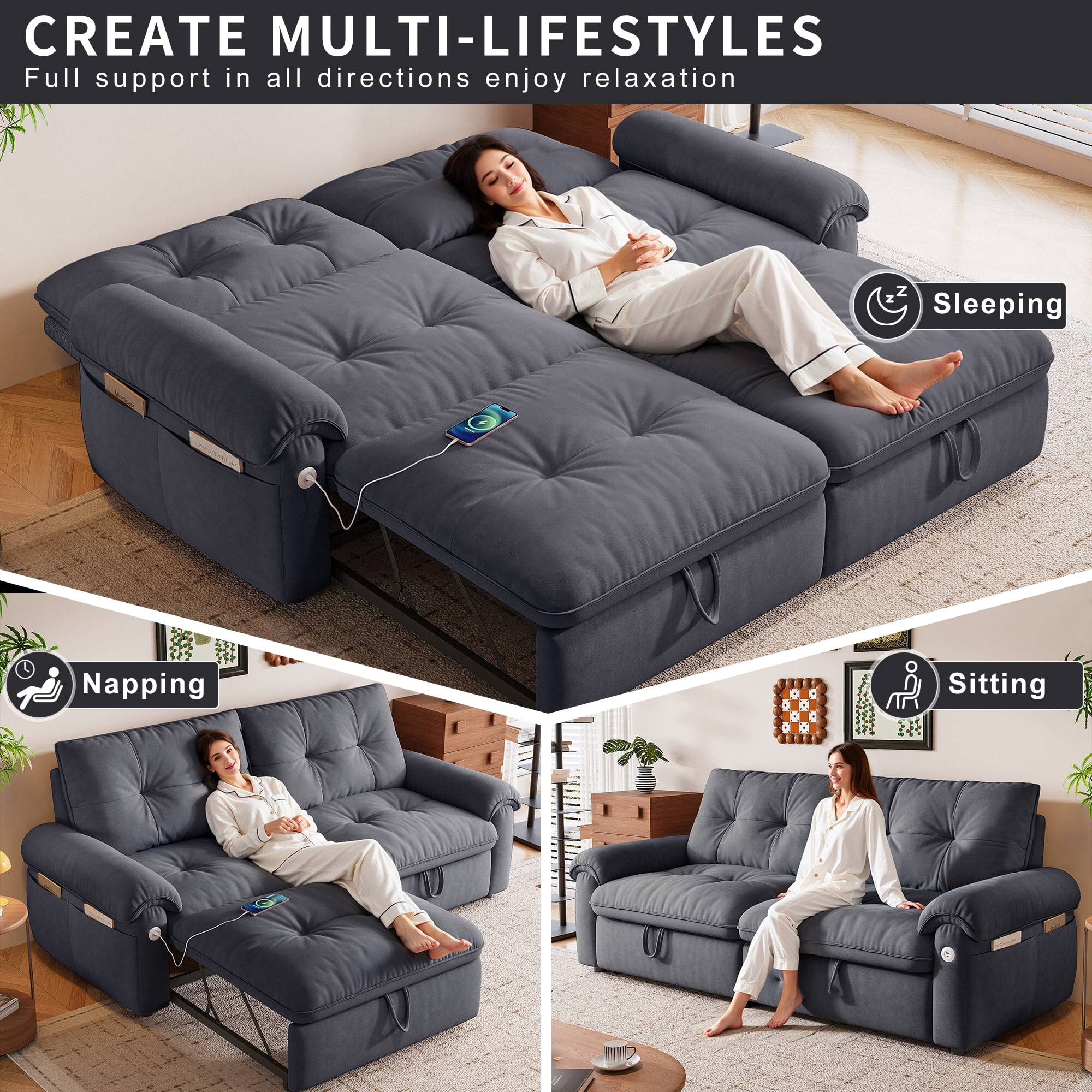 Leumius 77" Convertible Sofa Bed,2-in-1 Cloud Loveseat Sleeper Sofa with Steel Frame & USB, Chenille Pull Out Bed for Living Room/Bedroom/Apartment,Grey