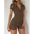 thumbnail image 2 of Women’s Solid Color Button Front Romper – Casual Short Sleeve One-Piece Jumpsuit with Pockets Summer Outfit for Daily Wear Vacation, 2 of 5