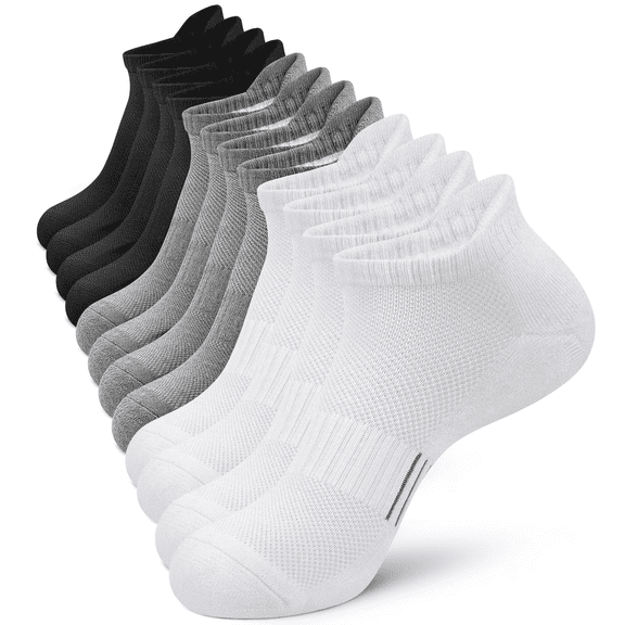 Loritta 6 Pairs Socks for Men Ankle Athletic Mens Running Socks Cushioned Black/Gray /White Low Cut Size 6-12