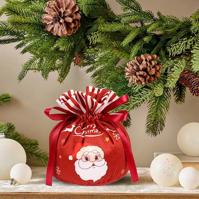 Velvet Christmas Drawstring Gift Bags Reusable Holiday Party Favor Packaging with Santa Print for Candy Treats Stocking Stuffers Xmas Decoration