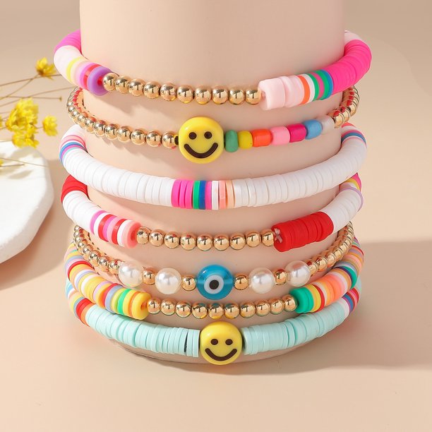 Conjunto de pulseras de estilo bohemio con joyas Y2K de color suave y cerámica con forma de corazón sonriente y perlas