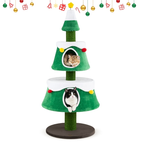 Costway 61.5" Cat Christmas Tree with 2 Large Condos, Natural Jute Scratching Posts