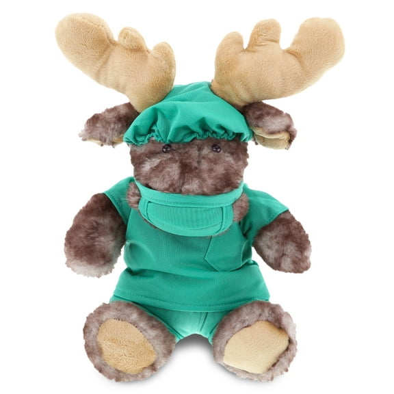 DolliBu Brownish Sitting Moose Doctor Plush Toy - Soft Brownish Moose Doctor Stuffed Animal Dress Up with Cute Scrub Uniform & Cap Outfit - 10" Inch