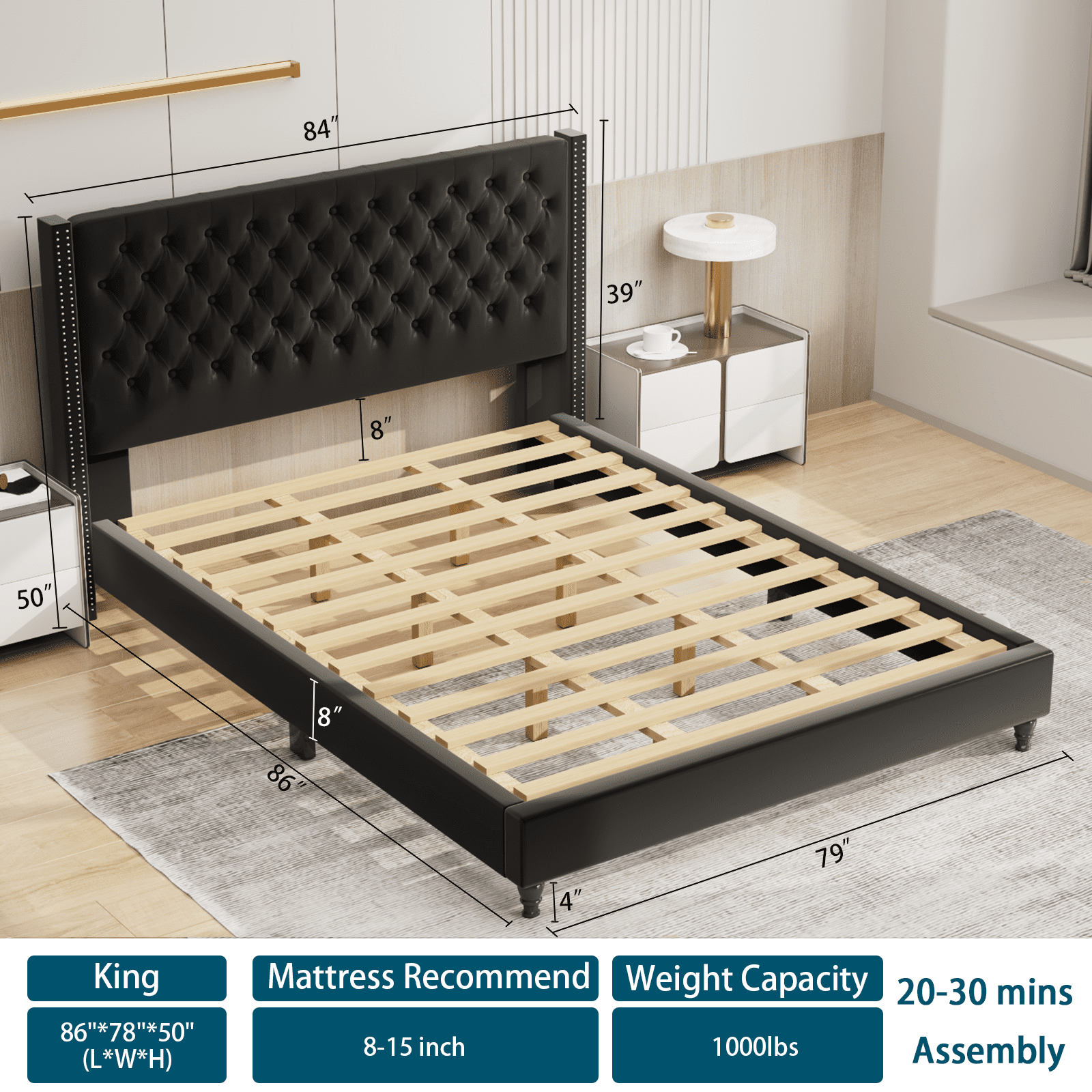 Nathaniel Home King Beds, Upholstered Tufted Bed, Platform Bed Frame with Diamond, Low Profile Platform Beds, Strong Wooden Slats, Adult Size Black