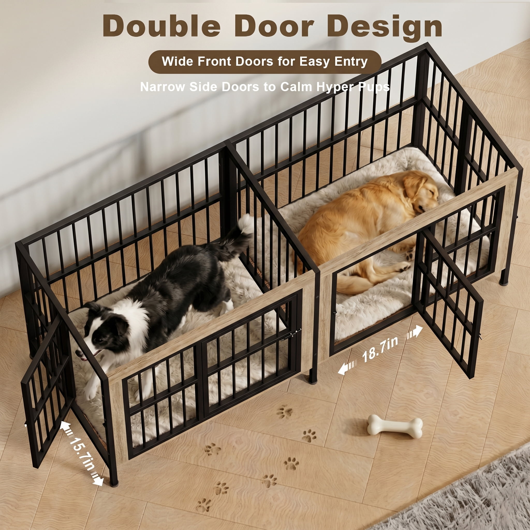 YOKWOK 78 Inch Dog Crate Furniture for Large Dogs with Removable Divider, Double-Doors Dog Kennel Furniture, Thick Wooden Dog Cage Furniture, Ivory