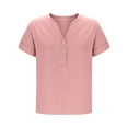 thumbnail image 5 of LADIGASU Women's Solid Color Imitation Cotton And Linen Short Sleeved V-neck Pullover With Button Down Hem And Slit Blouses, 5 of 7