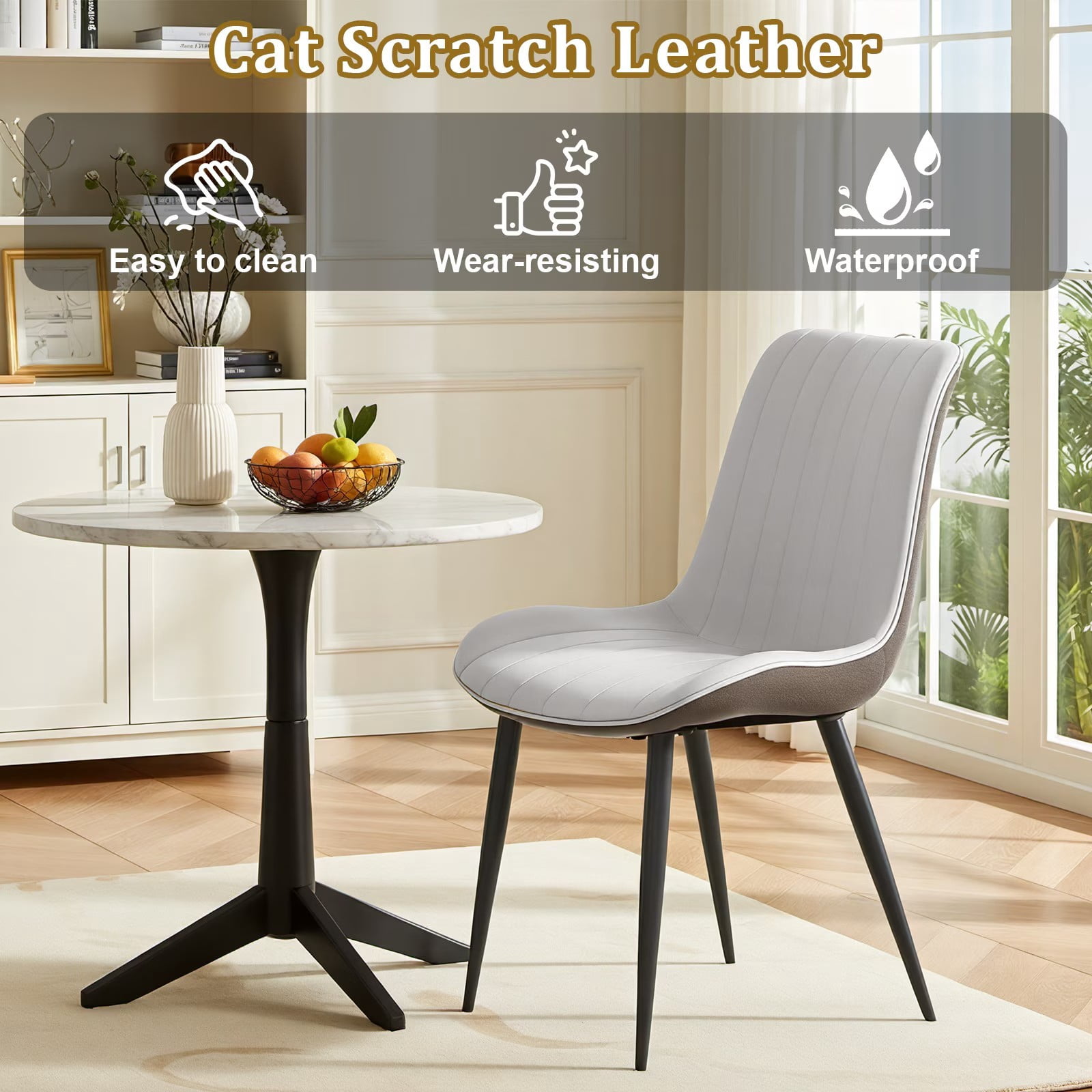 PU Leather Dining Chairs Set of 6, Light Grey & Dark Grey Wave Pattern Upholstered Kitchen Chairs with Metal Legs, Modern Armless Side Chairs for Dining Room, Restaurant, Living Room