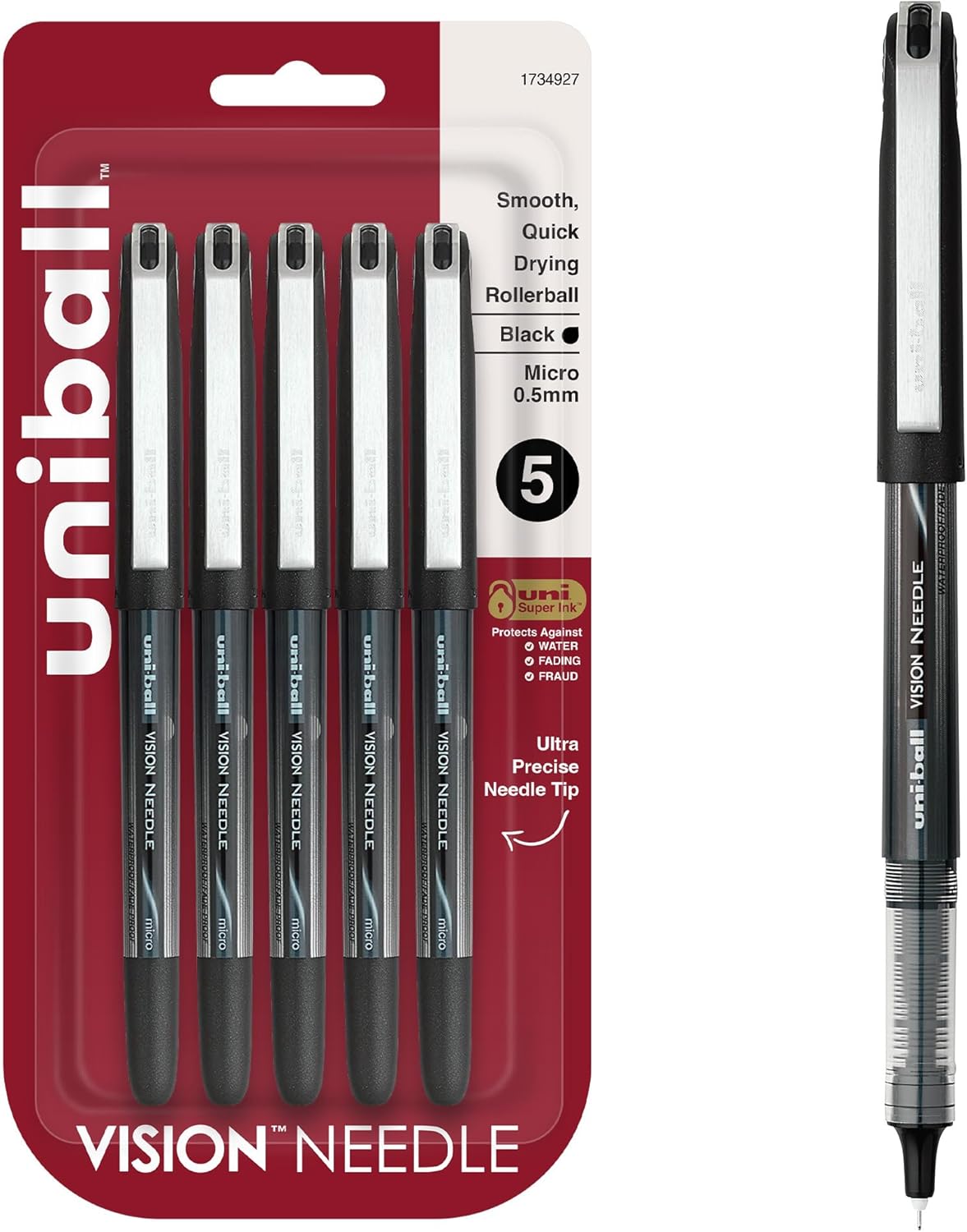CHL-uni-ball Stylo à Bille Roulante à Aiguille Vision, Micro Pointe (0.5mm), Noir, 5 Unités