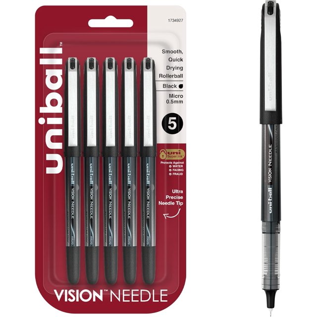 CHL-uni-ball Stylo à Bille Roulante à Aiguille Vision, Micro Pointe (0.5mm), Noir, 5 Unités