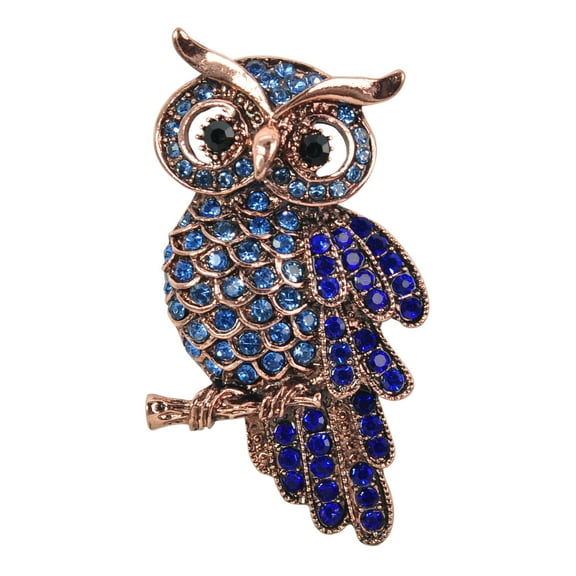 Copper Tone Sapphire Blue Colored Rhinestones Branch Owl Bird Brooch Pin