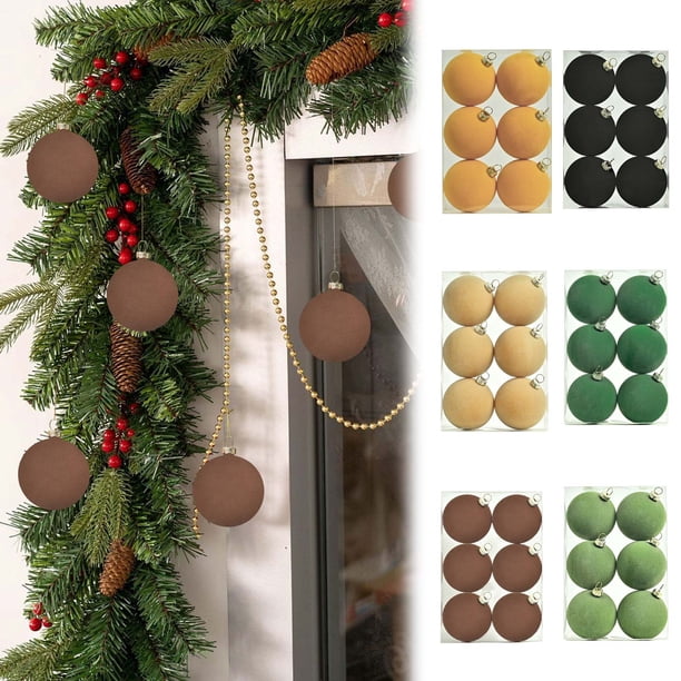Bolas de adornos navideños de terciopelo flocada de 6 piezas - Decoración colgante de plástico marrón de 2,4 pulgadas para árbol, corona y guirnalda