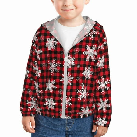 

Sun Hoodie for Kids Snowflakes Plaid Christmas Long Sleeve Swim Fishing Shirts Sun Protection Zip Up Jacket Clothing Athletic Hoodie