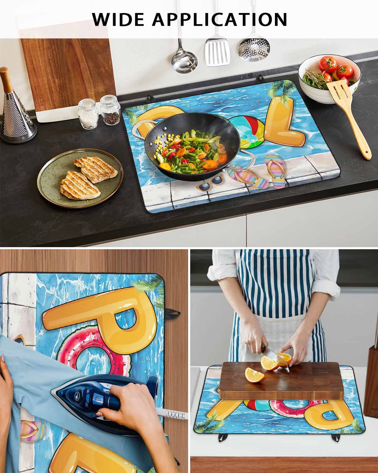 nqOlkjepod Large Induction Cooktop Protector Mat 31"x24", Blue Summer Pool Stove Top Covers for Electric Stove, Watermelon Swimming Ring Slippers Stove Burner Cover Mats, Glass Top Stove Cover