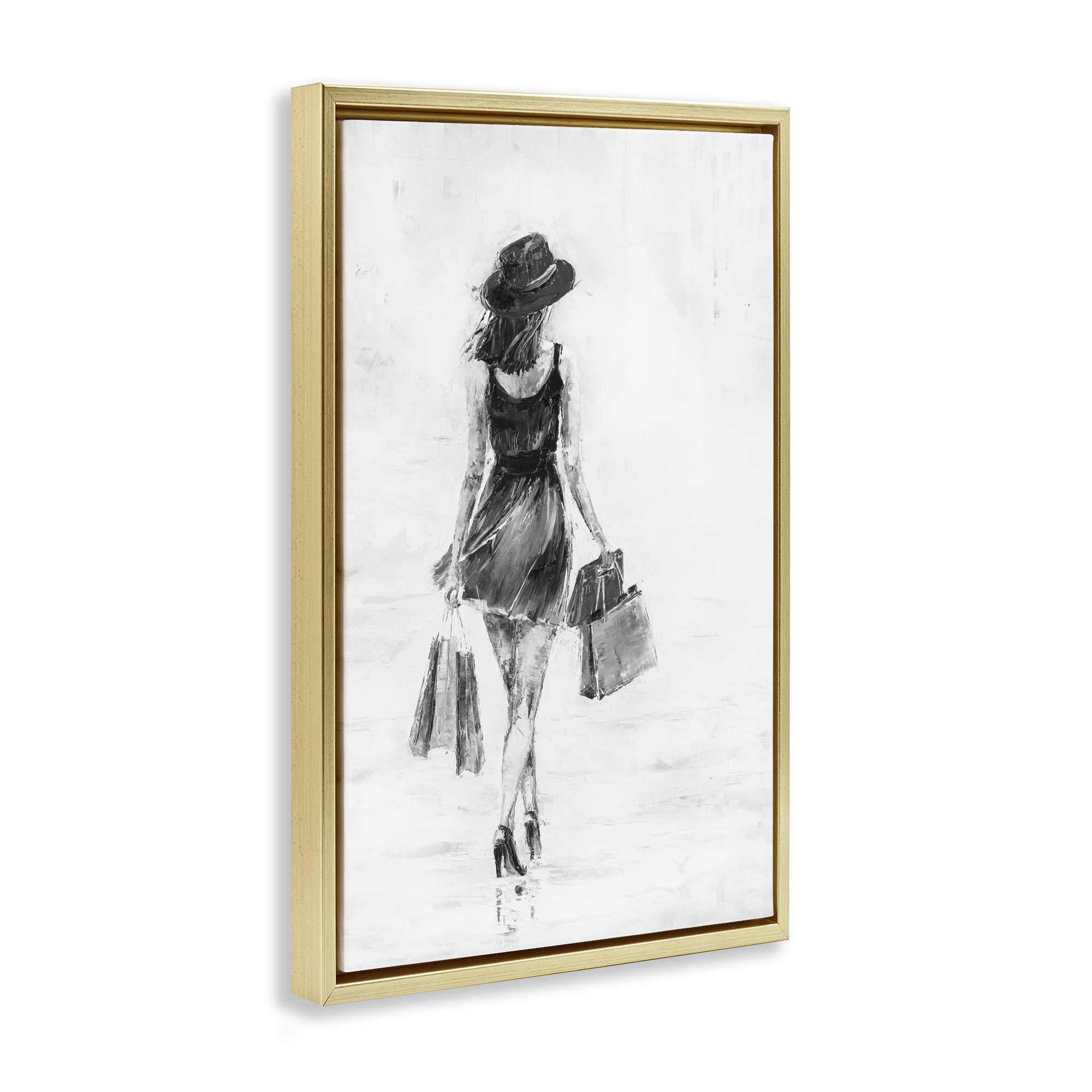 Stupell Industries Girl with Shopping Bags Novelty Painting Gold Floater Framed Art Print Wall Art, 17 x 25
