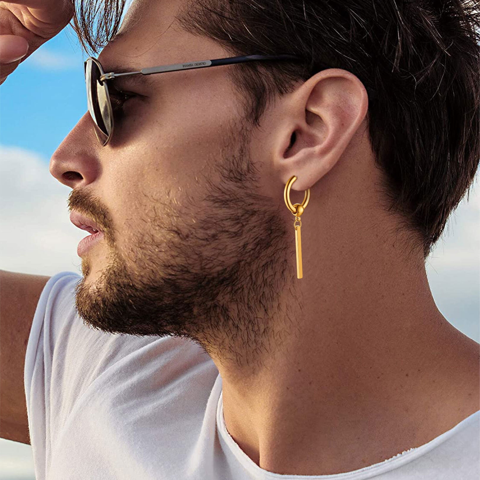 FOCALOOK Hoop Earrings for Women Drop Dangle Vertical Bar Earrings 18K Gold Plated