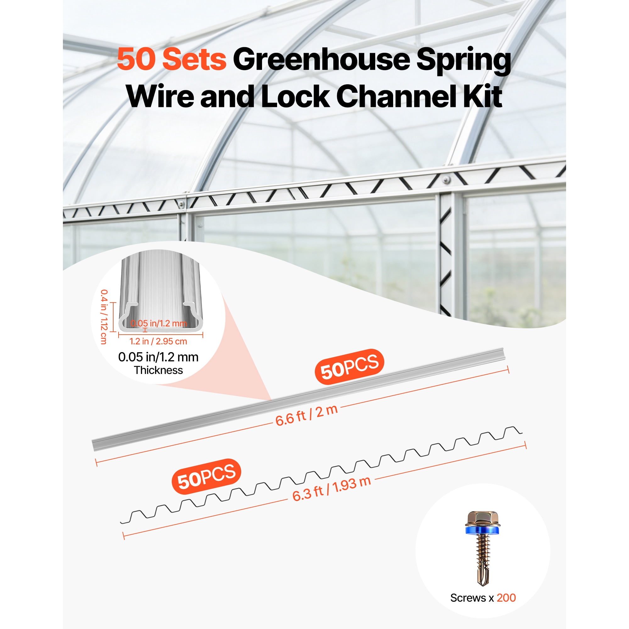 KFFKFF Greenhouse Spring Wire and Lock Channel Kit, 50 Pieces 6.56 ft PVC-Coated Wiggle Wire & Aluminum Alloy Channel Set with Screws, 0.05 in Thickness, Suitable for Poly Film