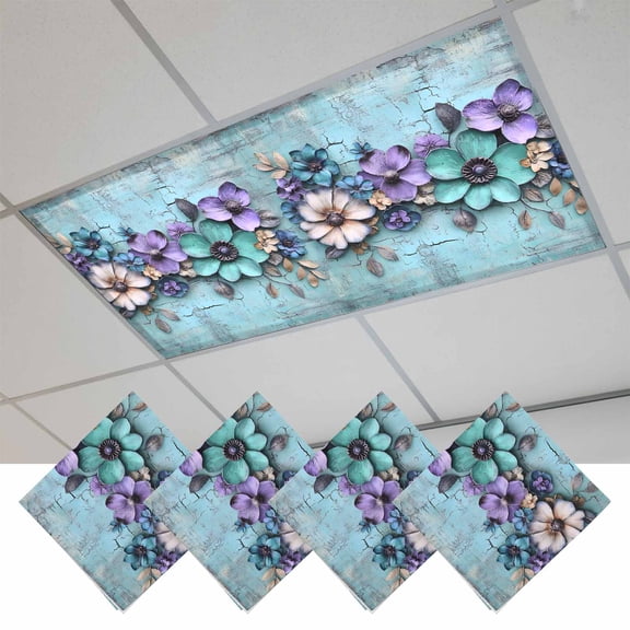 Spring Purple Flowers Magnetic Fluorescent Light Covers for Ceiling Lights 2x4Ft, Floral Mottled Teal Wall Retro Office Classroom Kitchen Drop Ceiling Light Covers Lighting Filters Shade Panel 4Packs