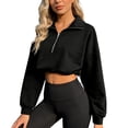 thumbnail image 2 of YMNXA Women's Cropped Sweatshirt Long Sleeve Half Zip Stand Collar Solid Color Comfortable Slim Fit Top For Casual Daily Wear,Black,L, 2 of 4