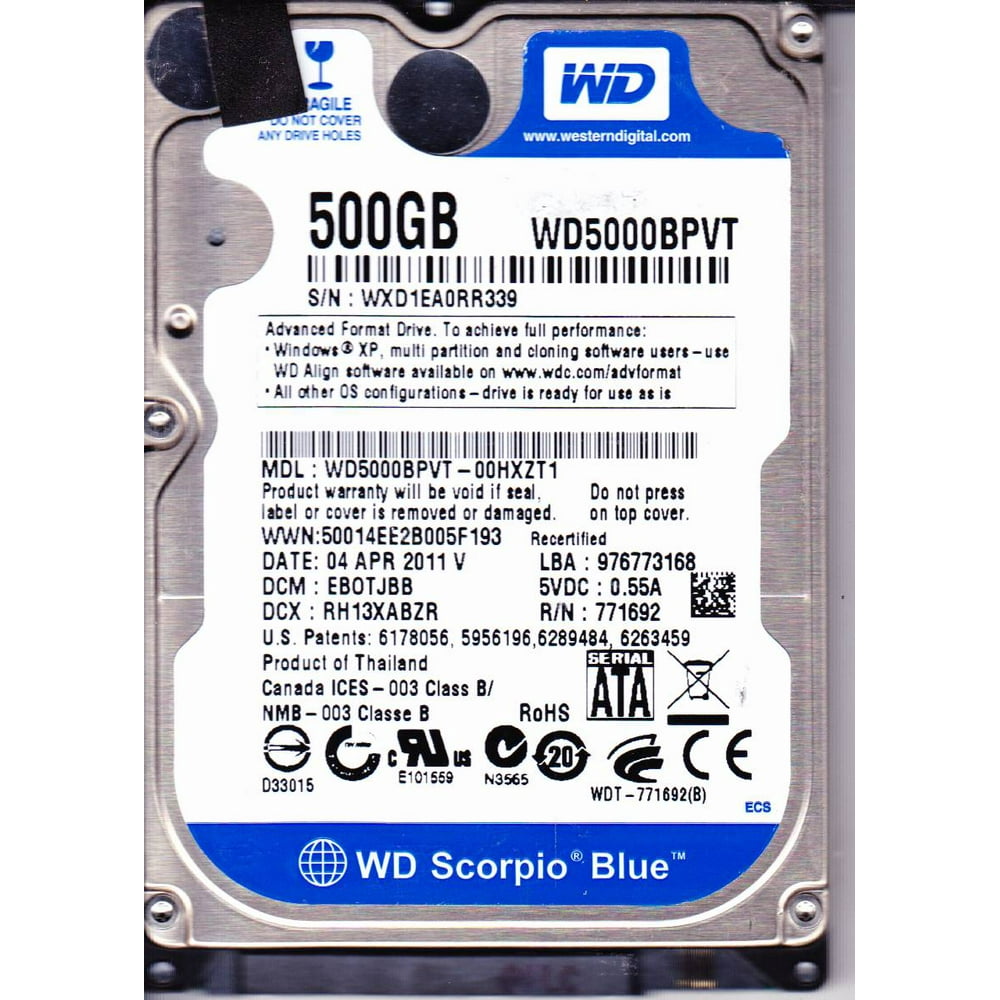 WD5000BPVT00HXZT1, DCM EBOTJBB, Western Digital 500GB SATA 2.5 Hard Drive