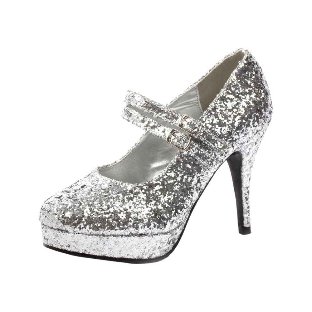 SummitFashions Silver Glitter Pumps Women's Double Strap Platform
