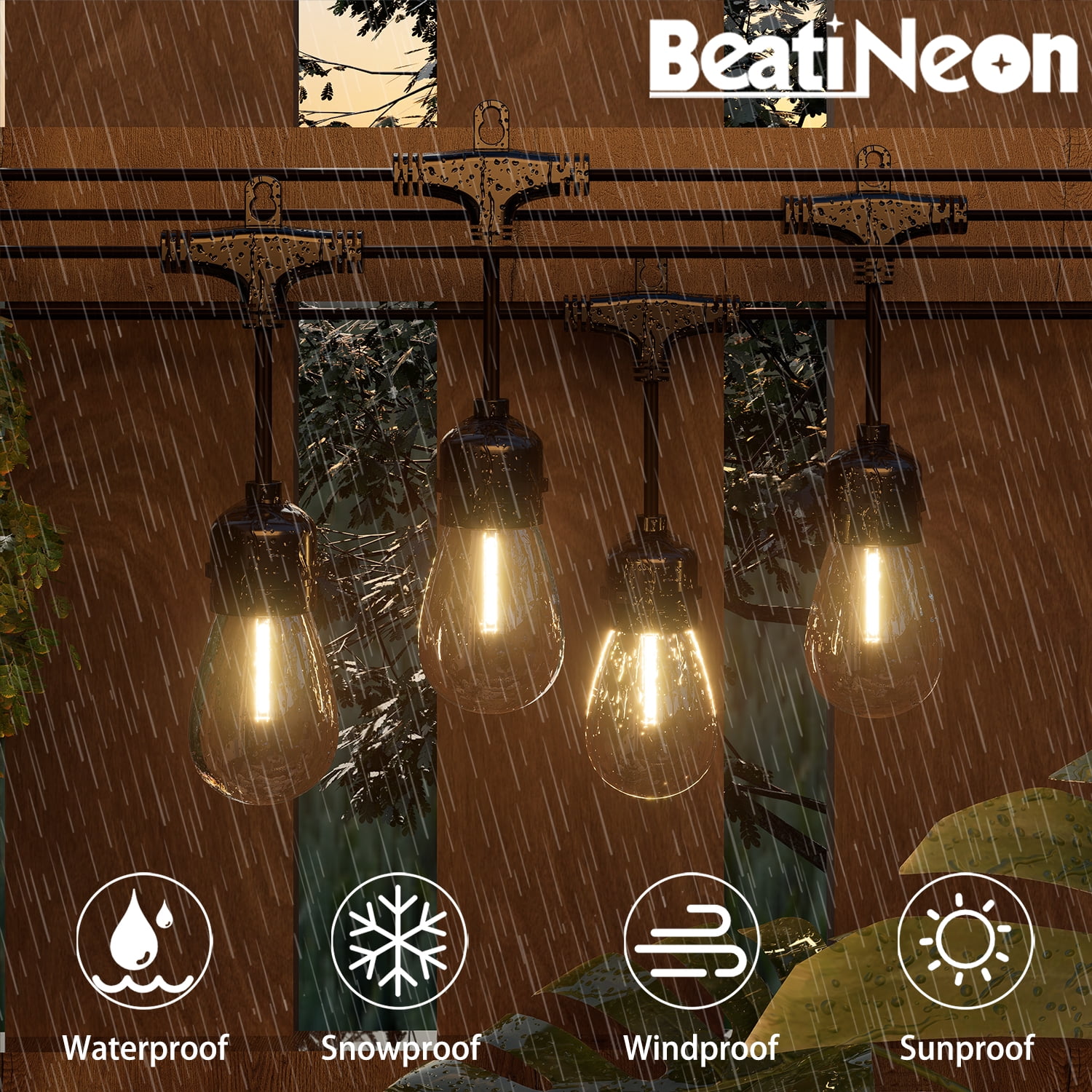 BeatiNeon Outdoor String Lights, 48 Feet S14 LED Patio Lights with 16 Edison Plastic Bulbs(1 Spare), Waterproof Connectable Hanging Lights for Backyard Porch Balcony Party Decor,E26 Socket Base