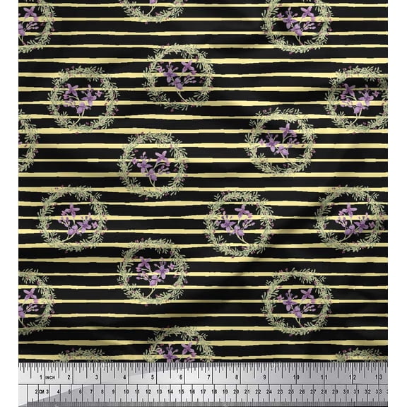 Soimoi Black Silk Fabric Floral Wreath Watercolor Fabric Prints by Yard 44 Inch Wide