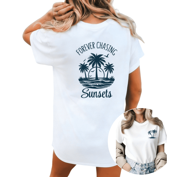 Giffimy Women's Forever Chasing Sunsets Palm Tree Beach Double Sided Graphic Short Sleeve T-Shirt Casual Cotton Crewneck Top