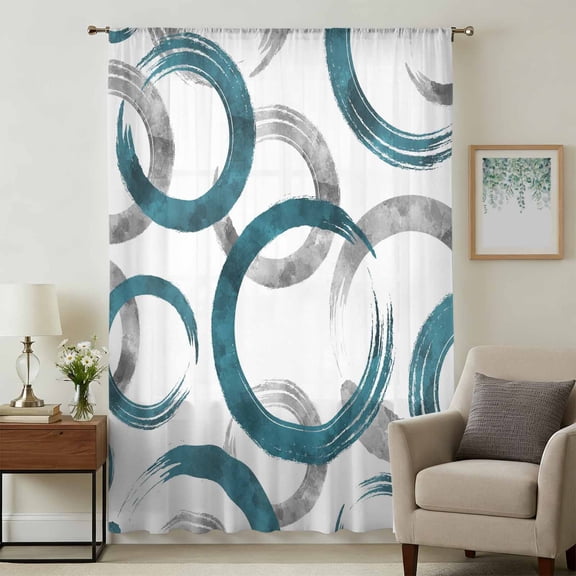 Turquoise Grey Sheer Curtains 63 Inches Long, Geometric Circle Modern Abstract Simple Art Light Filering Curtains, Breathable Simi Curtain Privacy Drapes for Living Room Bedroom Window Treatment
