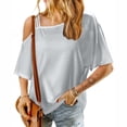 thumbnail image 4 of Summer Cute Tops Womens Hollow Straps One Cold Shoulder Sexy Tops Dressy Casual T Shirts Short Sleeve Loose Fit (X-Large, Gray), 4 of 7