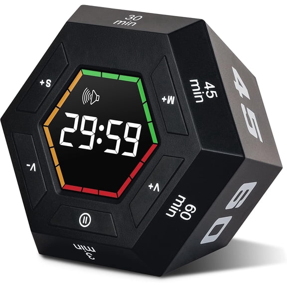 Pomodoro Timer,Hexagon Cube Magnetic Flip,ADHD Tools for Adults/Kids Task Timer for Office, Study, Exercise, Meditation,3/5/15/30/45/60min&Custom Digital Countdown, Adjustable Sound,Black