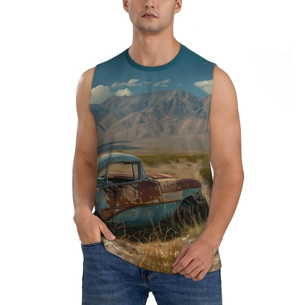 Fotbe Deserted Classic Car Landscape Men's Camiseta sin Mangas Estampada para Hombres, Playera Casual para Gimnasio, Entrenamiento, Playa-Large